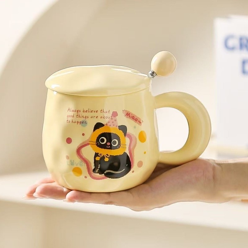 かわいいミルクFUFU黒猫マグカップ蓋付きスプーンで女の子に誕生日プレゼント高颜値プレゼントカップオフィス朝|undefined