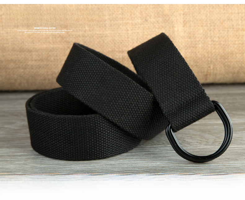 Double-loop Canvas Belt Men's and Women's Black D-shaped Buckle Cloth Belt Half-ring Long Canvas Belt_voghion.com