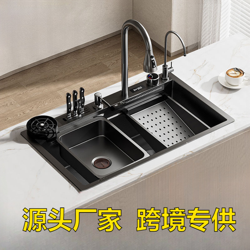 Nuevo modelo de fregadero de acero inoxidable con forma de tiburón con soporte para cuchillos, pantalla digital con botones, fregadero extra grueso para lavar platos, fregadero de cocina grande de una sola cubeta.