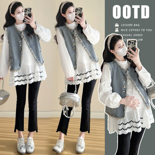 Pregnant women suit spring fashion tassel Denim vest spring stitching lace long sleeve shirt two-piece spring and autumn women