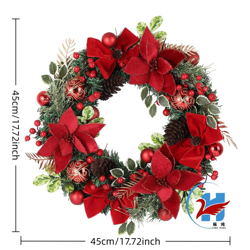 クロスボーダークリスマスリース、ベルベットの赤い花、クリスマス風デコレーションセット、ホリデーリース、逆さ飾り、ホームデコレーション|undefined