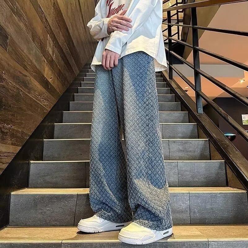 Hm Jacquard Washed Jeans Men's Spring and Autum 2025 New American Large Size Casual Pants Trendyy Long Pants for Men