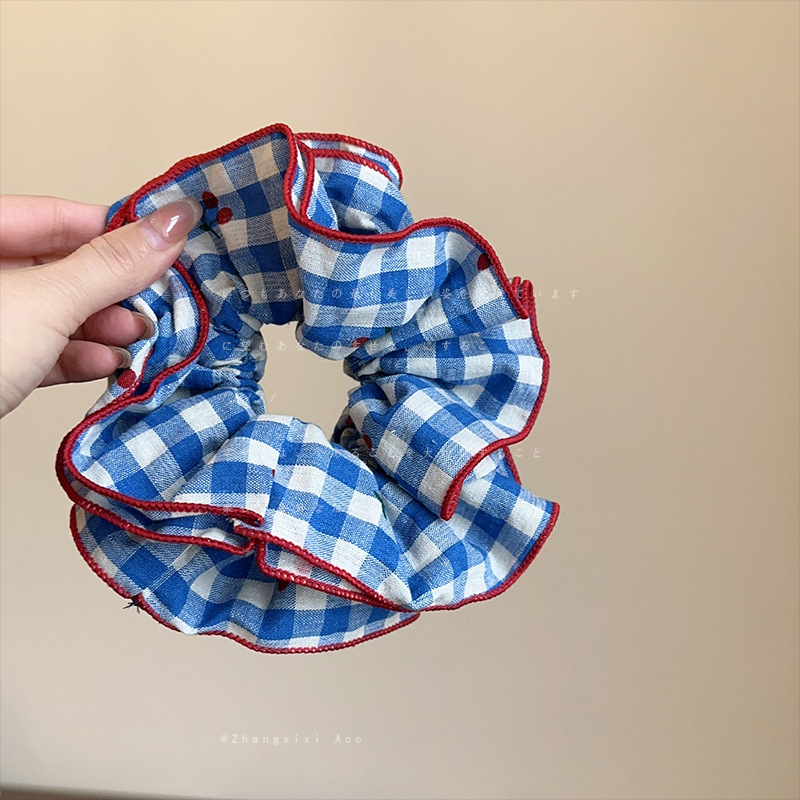 韩版网红蓝格子樱桃方巾大肠圈女高级感慵懒风方巾发圈扎头发发饰|undefined