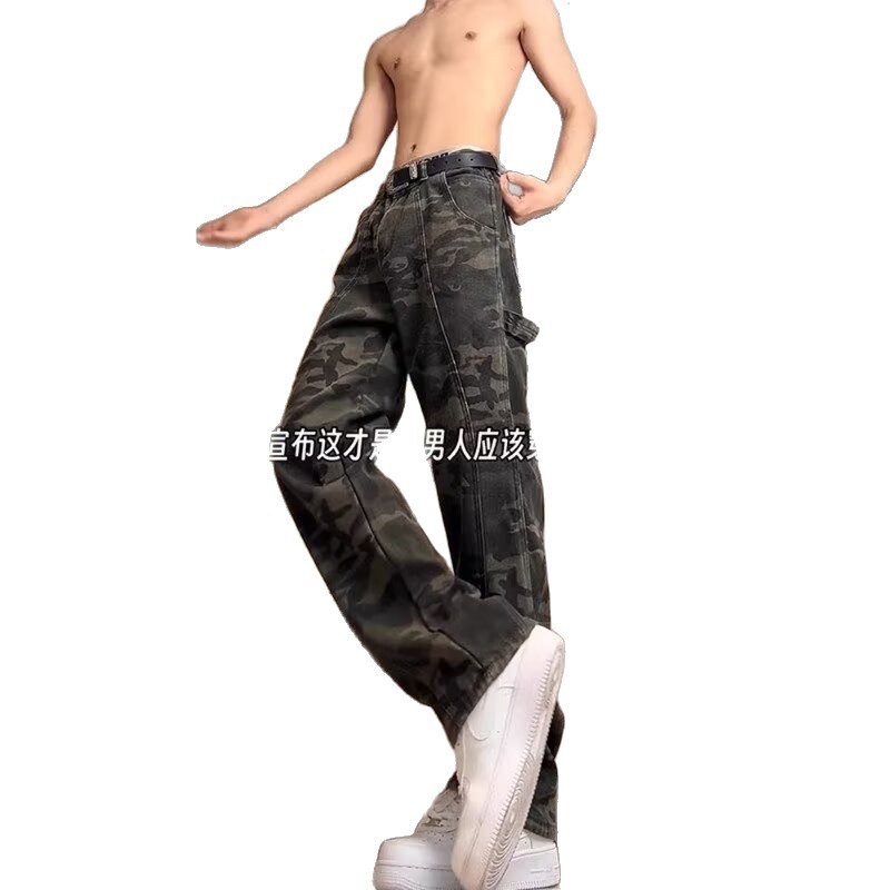 Jeans camuflados lavados con agua retro semi-elástico cintura rectas pantalones de trabajo estadounidenses sueltos delgados comercio exterior al por mayor transfronterizo