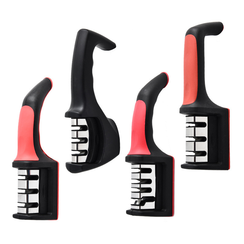 Fábrica mayorista de acero inoxidable doméstico multifuncional tres o cuatro piezas afiladora de cuchillo de cocina manual afiladora