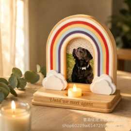 跨境木质宠物相框彩虹形猫咪狗狗去世纪念相框带烛台宠物相框礼物