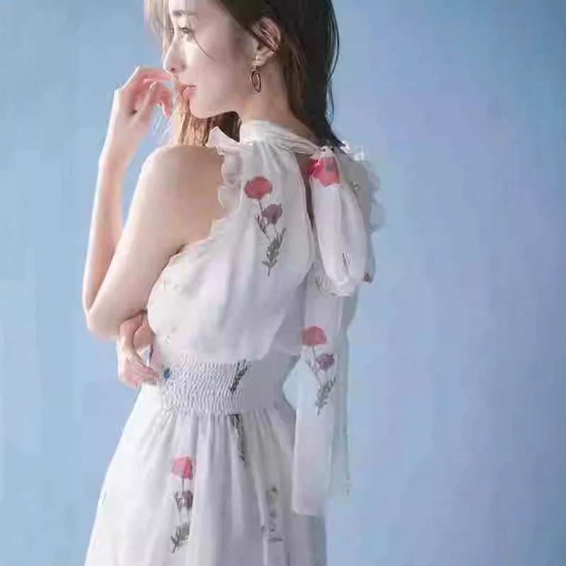 Wzfs2540 Summer Japanese Sweet Elegant Stand Collar Sleeveless Printed Ribbon Bow Semi-Sheer Dress Cross-Border