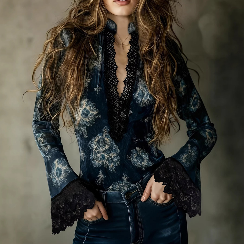 2026 European and American Cross-Border Dark Blue Velvet Retro Floral Top with Lace Deep V+ Bell Sleeves, Slim Fit, Autumn and Winter