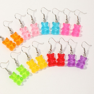 Japanese and Korean children's best selling jelly color resin cute bear girls earrings sweet earrings 8 pairs of factory direct sales