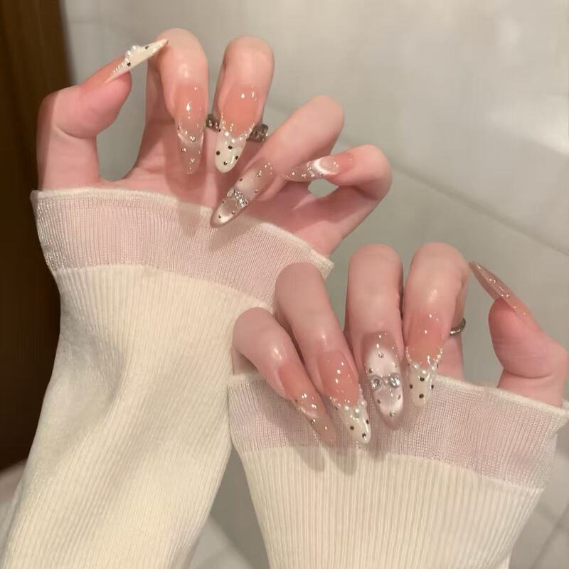 New Spring and Summer Pure Handmade Pure Desire Style Polka Dot Pearl Light Luxury Diamond Jewelry Wearable Nails That Enhance Complexion and Add Elegance, Detachable Nail Art