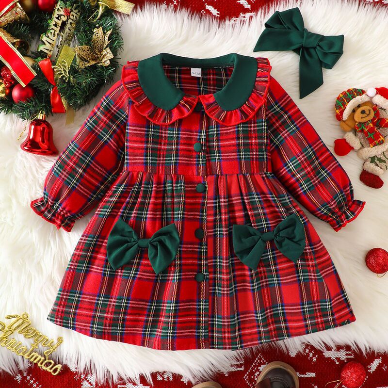 Cross-Border Baby Girl Valentine's Day Long-Sleeved Dress with Bow Headband and Plaid Princess Dress Factory