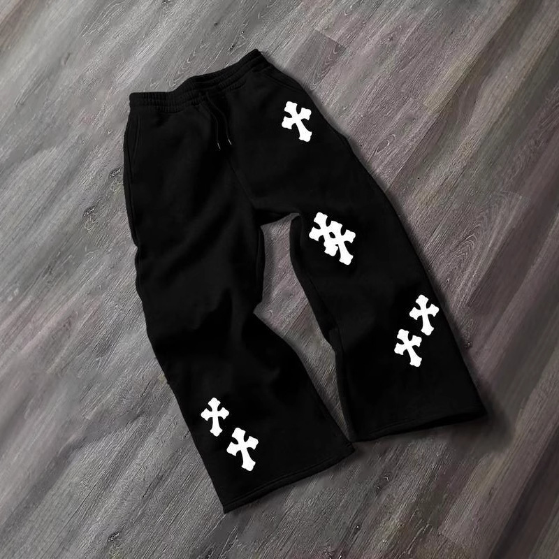 Calle transfronteriza europea y americana, tendencia retro americana, pantalones rectos sueltos, pantalones negros con estampado cruzado casual, hombres