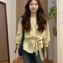 大码胖MM法式气质v领衬衫女秋季新款设计感收腰显瘦小衫长袖上衣