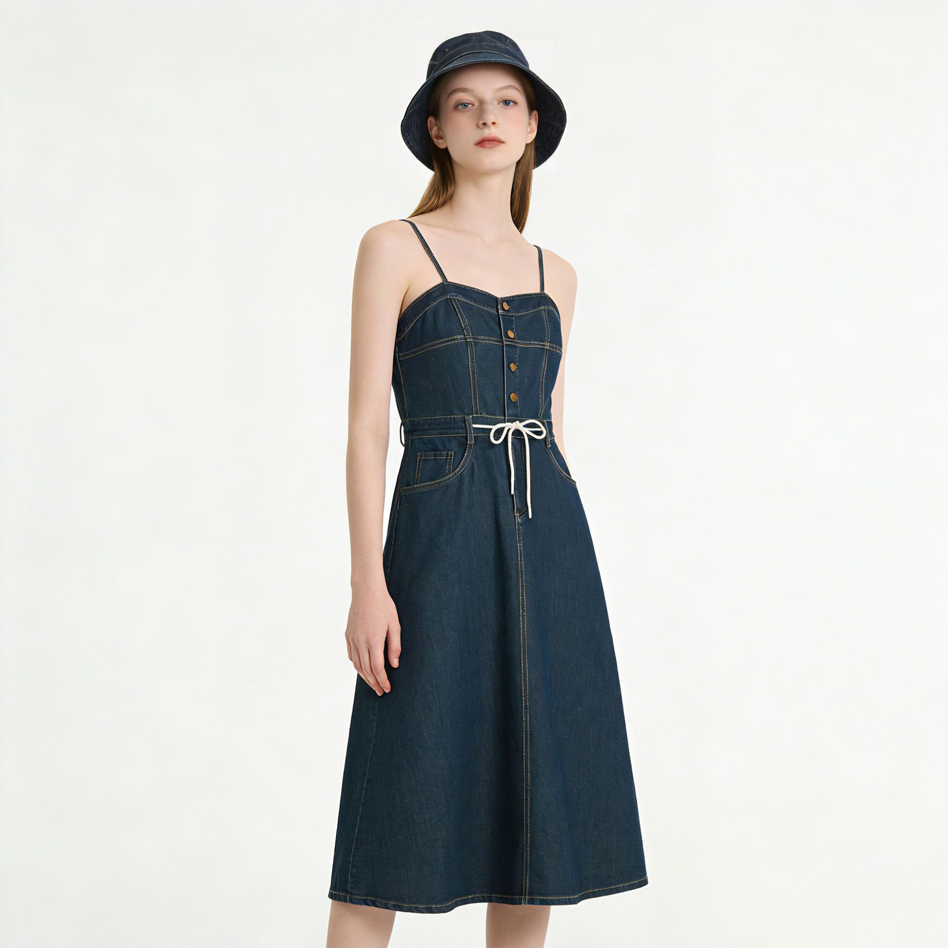Đầm maxi nữ denim phong cách vintage thiết kế dây đeo thắt eo — xanh lam chi tiết 2