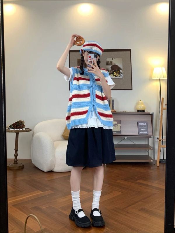 韩系彩虹条纹毛衣背心女2025早秋新款设计感撞色减龄针织坎肩上衣|undefined