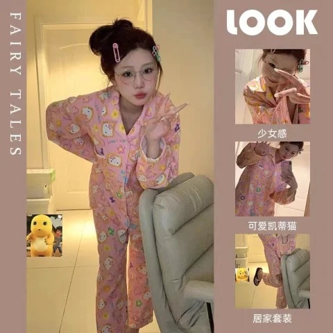 Conjunto de pijama de manga larga para mujer del sudeste asiático, otoño e invierno, estilo de celebridad de internet, transmisión en vivo, conjunto de ropa de estar de doble capa