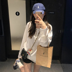 【雪花棉】秋季韩系白色不规则扣子长袖t恤女薄款防晒罩衫上衣