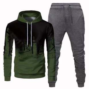 Cross-border Asian trade men's casual fashion solid color sweater long sleeve sports hooded 3D sweater pants suit