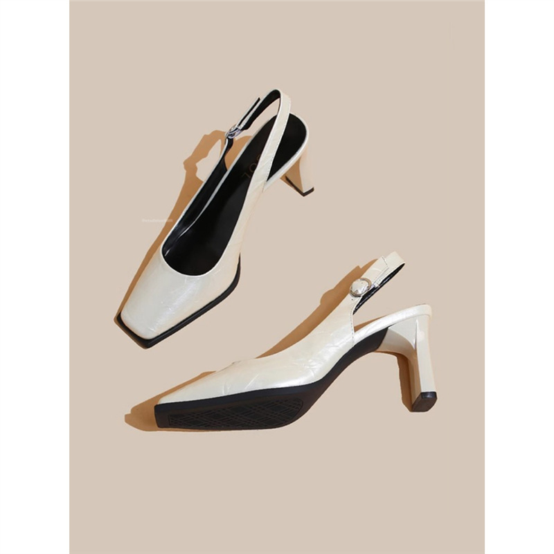 Hong Kong Square Toe Back Strap High Heel Toe Sandals for Women 2025 Summer New Elegant Elegant Commuter Shoes