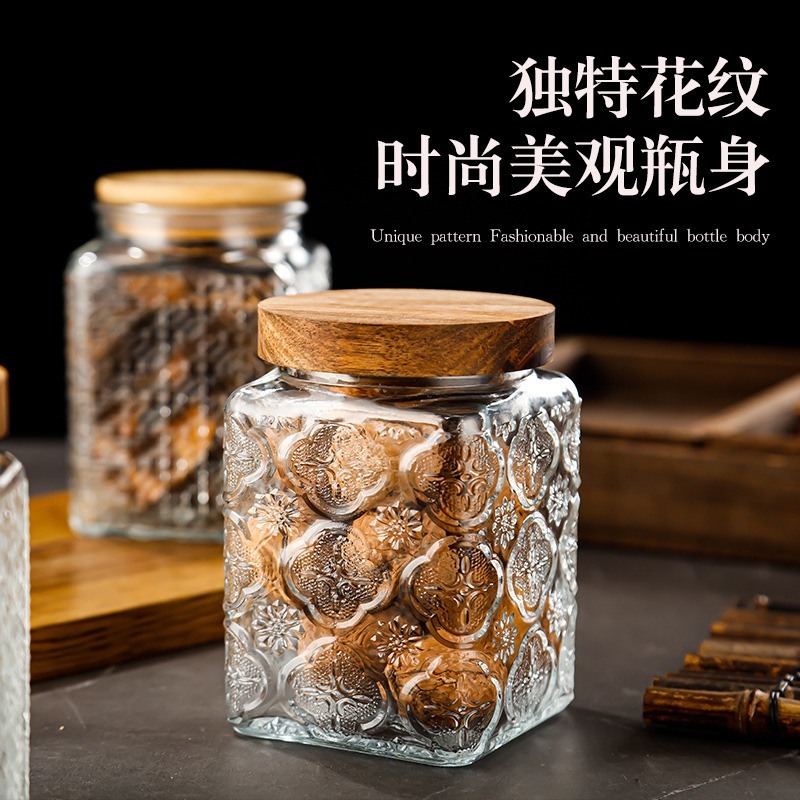 厂家供应方形复古浮雕储物罐透明玻璃杂粮茶叶收纳罐密封罐批发