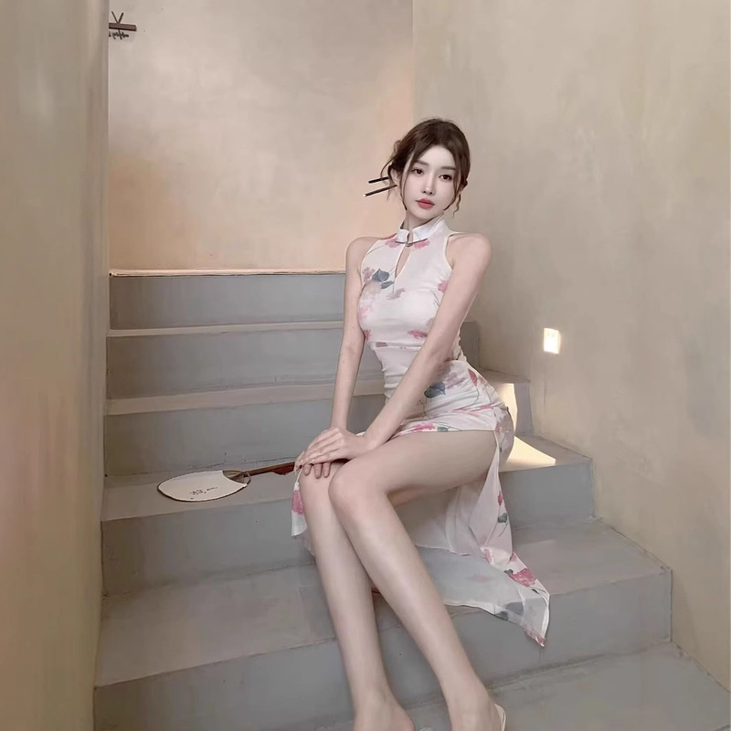 New Chinese Style Improved Cheongsam Dress for Women Summer Mesh Holiday Skirt Tight Slit Hip-Covering Mid-Length Skirt