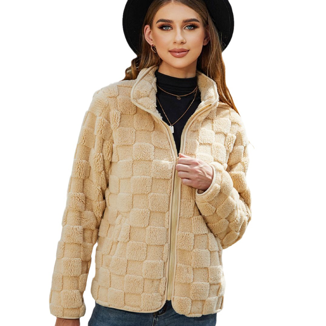 Dameskleding Flash fluwelen herfst en winter nieuwe kleding lange mouwen vest rits losse effen kleur geruit pluche jas_voghion.com