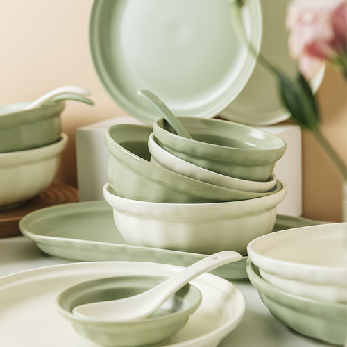 Nordic matte ceramic dish set household simple rice bowl plate tableware salad bowl cereal bowl soup bowl