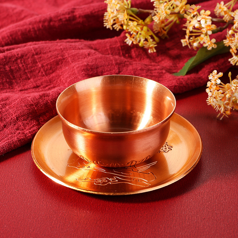 Antique red copper small tea bowl household tea room thickened small wine glass cup and saucer suit kung fu tea set mini master cup and plate