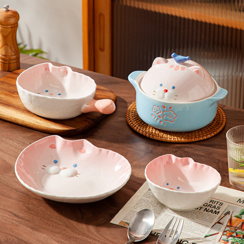 漫画かわいいビープ音猫陶磁器ボウルカップラーメンボウルサラダボウルハンドルボウル皿釉薬下彩子供食器卸売り|undefined