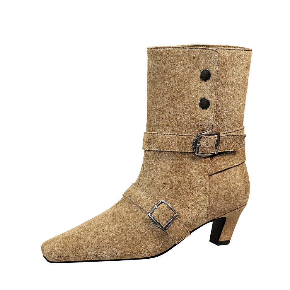 Botas de media caña retro para mujer con punta cuadrada y hebilla_voghion.com