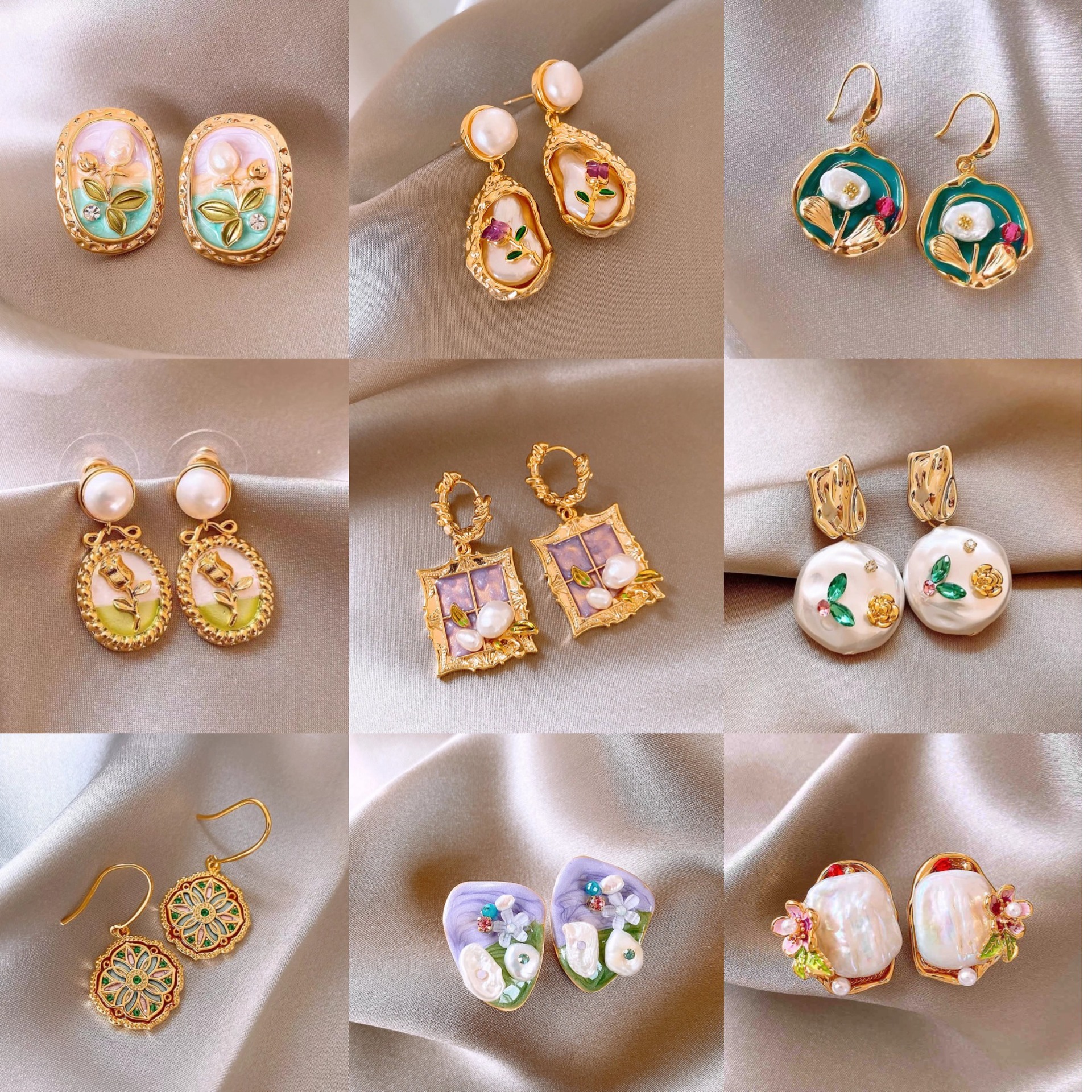 Monet Garden Pintura al óleo Pendientes de perlas de flores de viento Pendientes de lujo ligero de alta calidad Pendientes frescos dulces franceses mujeres