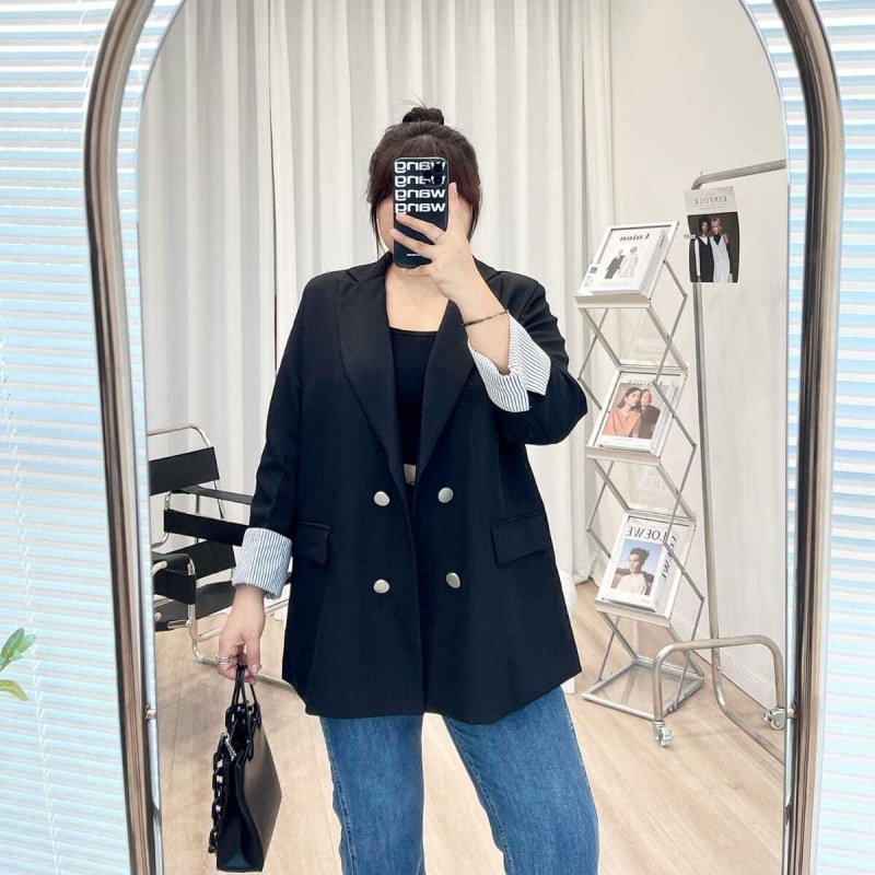 宛宛大码女装双排扣西装外套女韩版英伦风胖mm气质西服设计感小众|ru