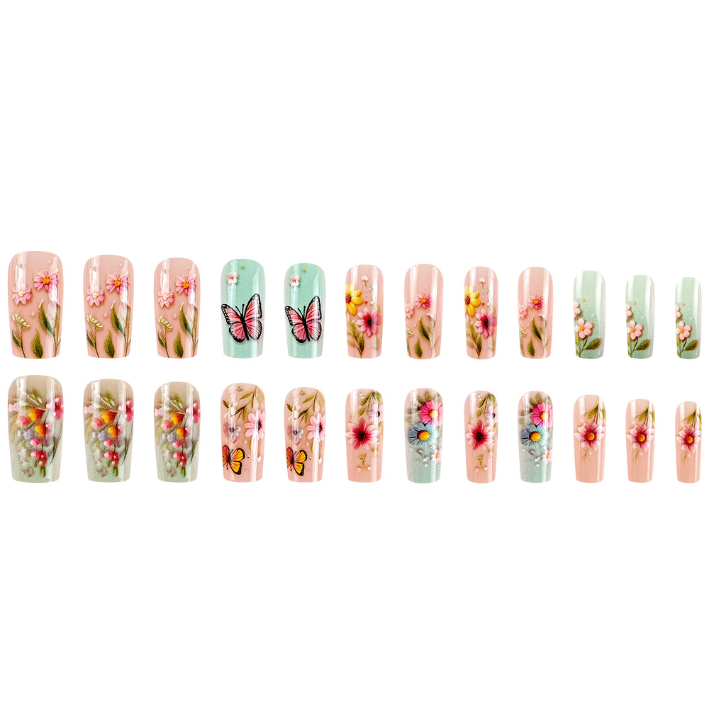 Primavera pastoral flor manicure parche de uñas largo dulce fresco parche de uñas al por mayor mariposa transfronteriza venta caliente usar uñas