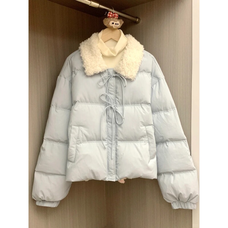 light blue Bow Tie-up Short Cotton-padded Jacket Women's Winter Thickened Small Academy Age-reducing Bread Suit