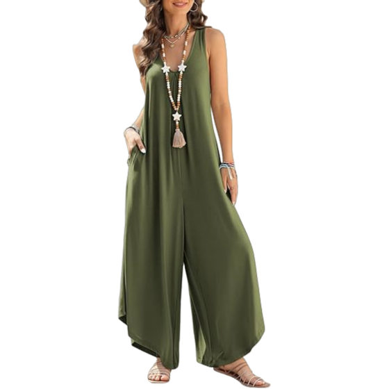 Spring and summer 2025 new European and American women's jumpsuit Amazon casual sleeveless V-neck pocket wide leg solid color jumpsuit