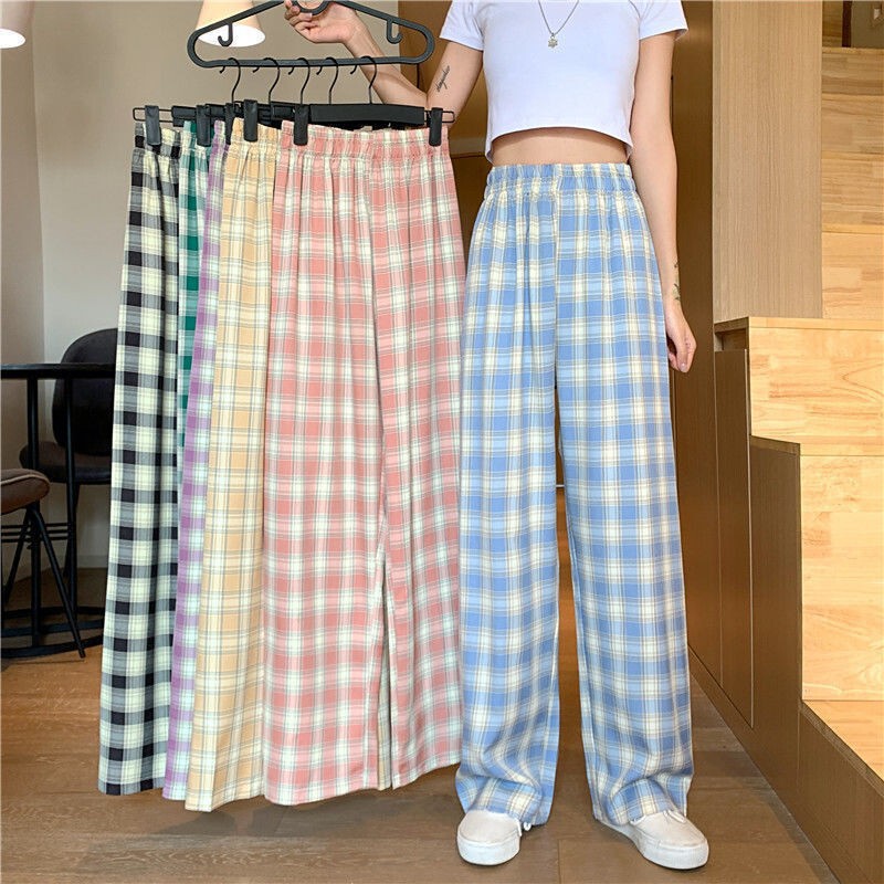Factory Direct plaid pants women's new high waist slimming straight wide leg pants slimming loose draping mop casual pants