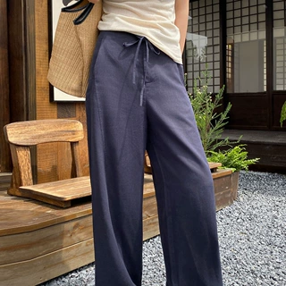 藏青色天丝亚麻阔腿裤女夏季薄款透气老钱风直筒裤冰丝休闲棉麻裤