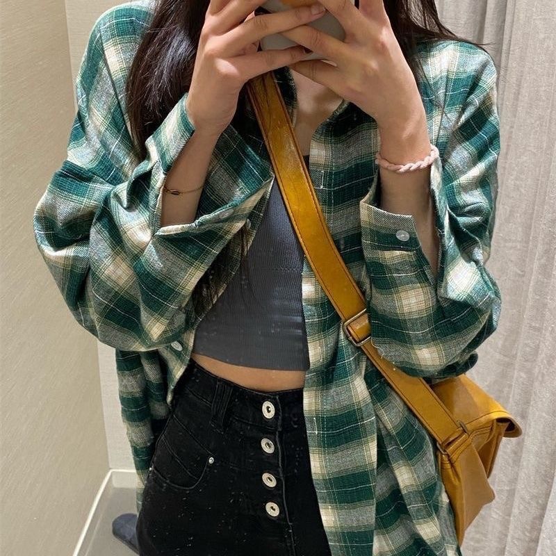 格子衬衫女春夏秋新款韩版时尚少女休闲港风复古长袖衬衣休闲外套