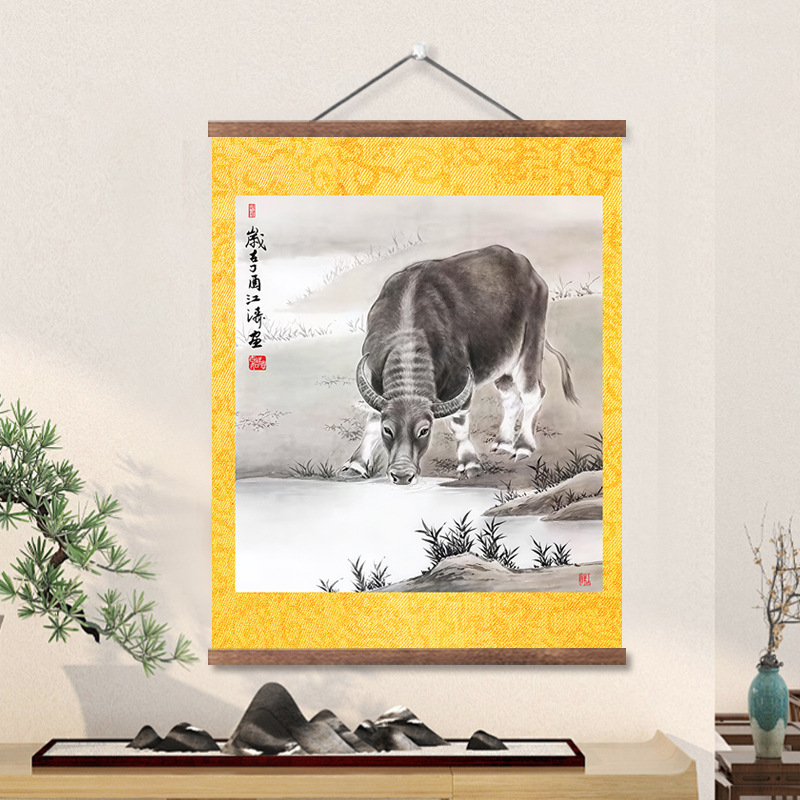 生肖牛老水牛图五牛图卷轴玄关装饰画国画客厅书房镇宅招财挂画竖