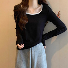 大码胖妹妹mm300斤女装上衣百搭秋季长袖t恤女宽松遮肉正肩上衣