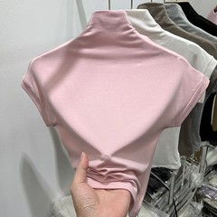 欧货气质半高领短袖T恤女春夏新款修身短款高腰打底纯色小衫上衣