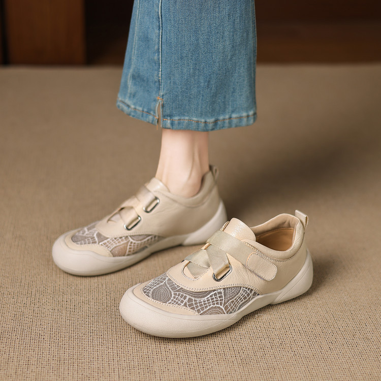 Giày sneaker nữ phối màu da thật lỗ thoáng khí đế bệt buộc dây kết hợp miếng dán — màu trắng ngà chi tiết 65