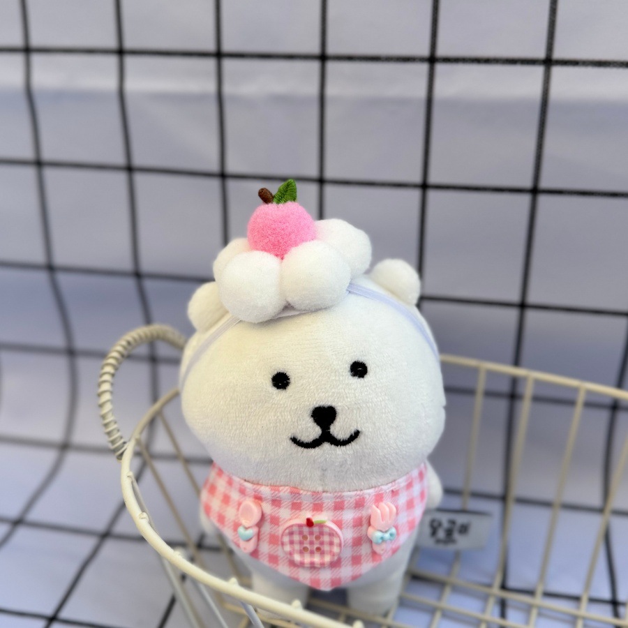 체크 턱받이 곰돌이 봉제인형 키링 가방 장식