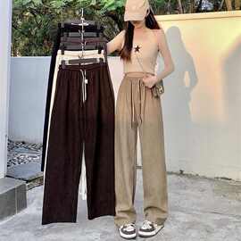 坑条欧棉绒笑脸双抽绳阔腿裤女春秋高腰垂感宽松直筒超细条休闲裤