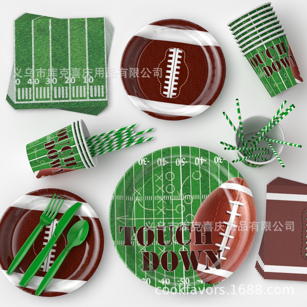 Nueva bandeja de papel de fiesta con tema de fútbol americano, taza de papel, mantel, juego de vajilla, decoración de fiesta de Super Bowl