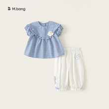 宥宝童装女童夏季套装女宝宝短袖格子娃娃衫休闲裤两件套儿童夏装