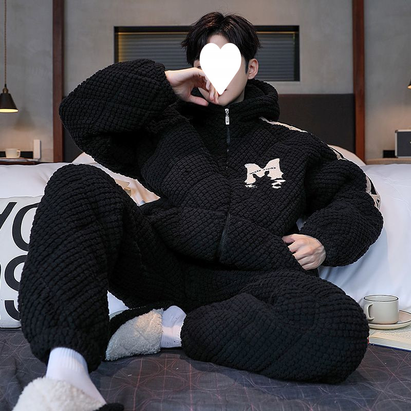 산호 벨벳 남성 잠옷 겨울 플러스 벨벳 두꺼운 3 레이어 퀼트 재킷 후드 지퍼 플란넬 홈웨어 세트