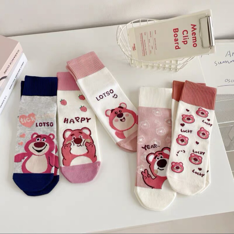 Pink strawberry bear socks women's short mid-calf cotton socks cute Japanese sweet all-match cartoon socks Korean preppy style