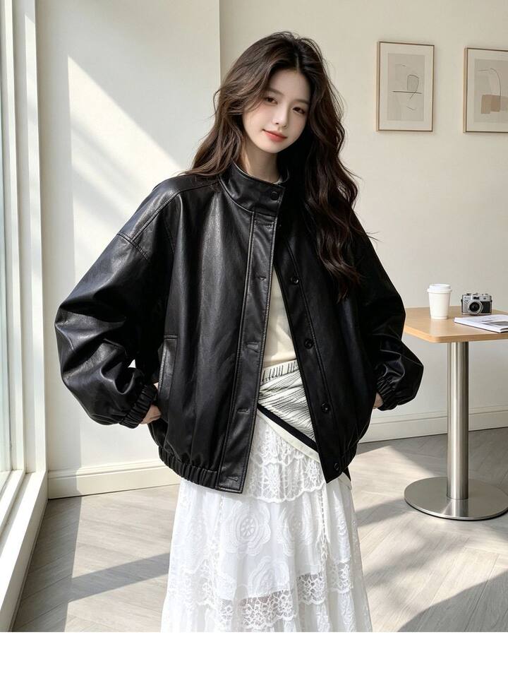 Áo khoác da PU cổ đứng dáng rộng phong cách retro, kiểu biker, dài tay, có lót — Màu đen [Chất lượng cao, có lót vải] chi tiết 4