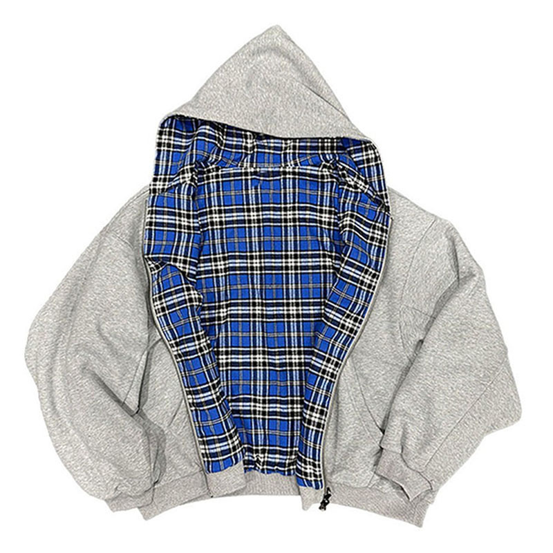 秋冬时尚格纹图案单品上衣双面拉链连帽服街头潮流欧美跨境批发|undefined